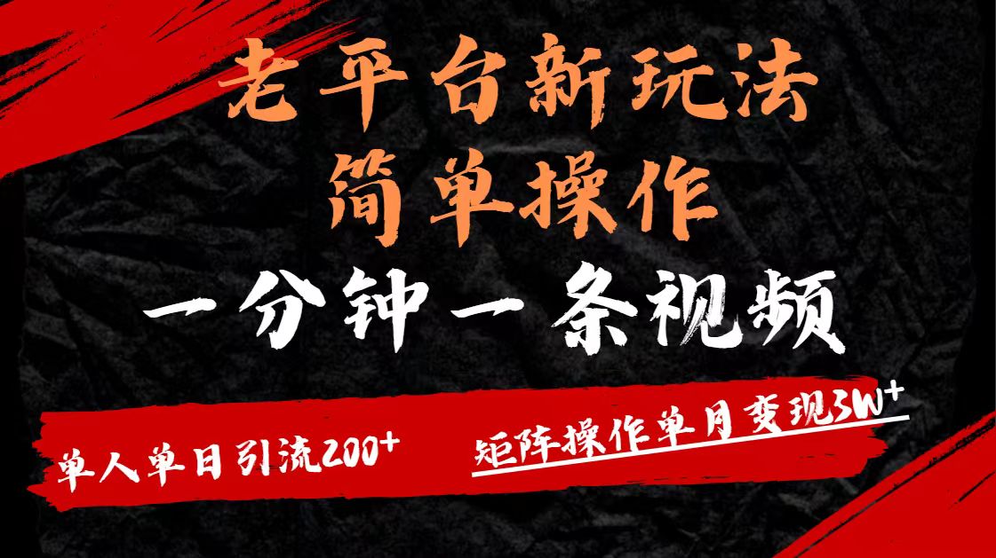 老平台，新玩法，简单操作，一分钟一条视频，单人单人引流200+矩阵操作，单月变现3W-小白资源网