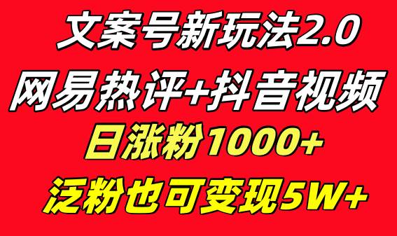 文案号新玩法 网易热评+抖音文案 一天涨粉1000+ 多种变现模式 泛粉也可变现-小白资源网