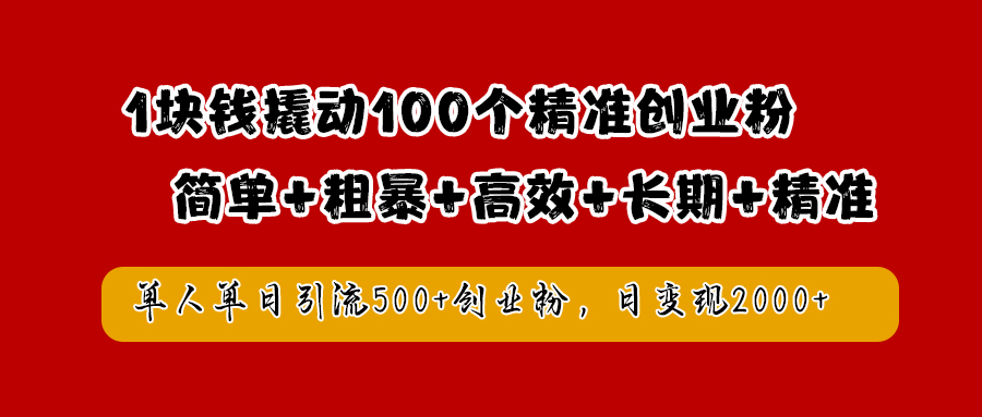 1块钱撬动100个精准创业粉，简单粗暴高效长期精准，单人单日引流500+创业粉，日变现2000+-小白资源网