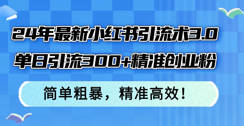24年最新小红书引流术3.0，单日引流300+精准创业粉，简单粗暴，精准高效！-小白资源网