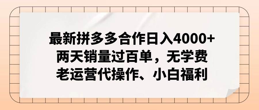 最新拼多多合作日入4000+两天销量过百单，无学费、老运营代操作、小白福利-小白资源网