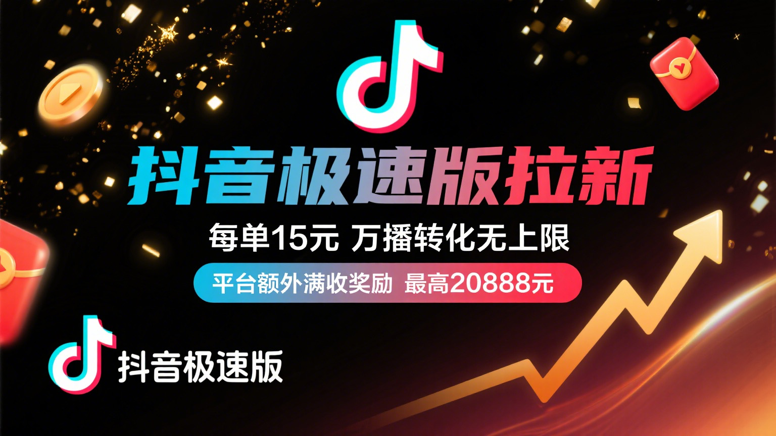 抖音极速版放福利,每单15元,万播转化无上限,平台额外满收奖励,最高可领20888元-小白资源网